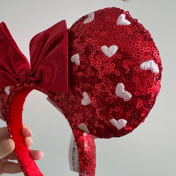 Valentine’s Day Minnie Mouse Ears Headband – Red Sequin with Heart Accents - Picture 5 of 8